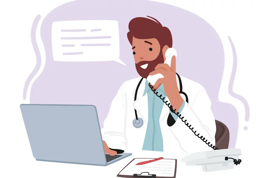 A doctor speaking on the phone with a patient