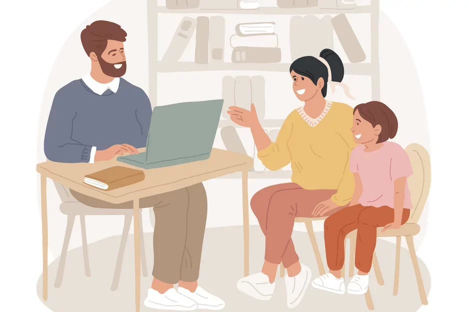 A parent and child speaking with a teacher