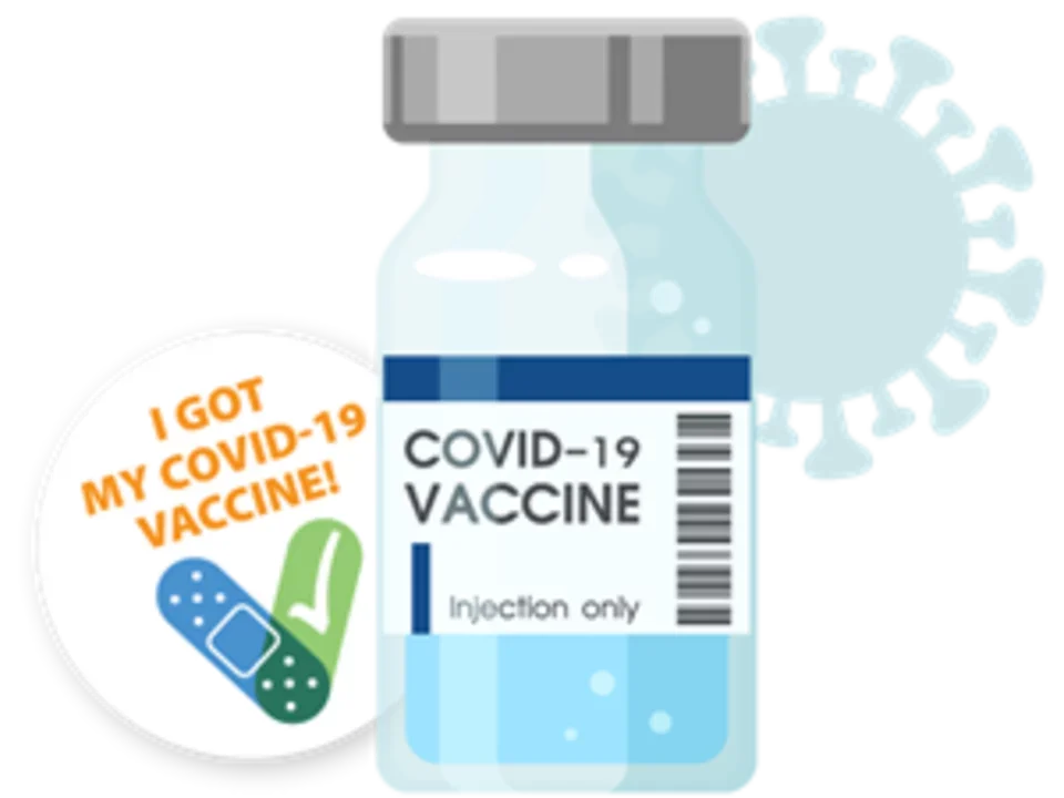 Cartoon showing tube labeled COVID-19 Vaccine next to a sticker reading "I got my COVID-19 Vaccine."