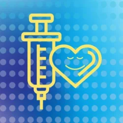 image of yellow syringe and a heart against a blue background