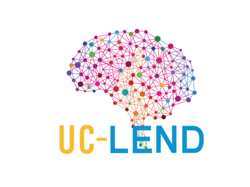 Colorful brain with the letters UC-LEND in yellow and blue font colors