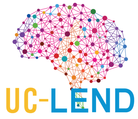Colorful brain with blue and yellow text that says UC-LEND