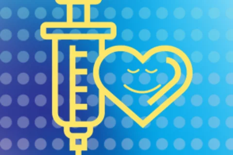 image of yellow syringe and a heart against a blue background