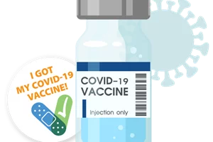 Cartoon showing tube labeled COVID-19 Vaccine next to a sticker reading "I got my COVID-19 Vaccine."