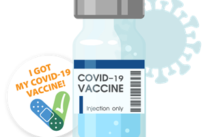 Cartoon showing tube labeled COVID-19 Vaccine next to a sticker reading "I got my COVID-19 Vaccine."