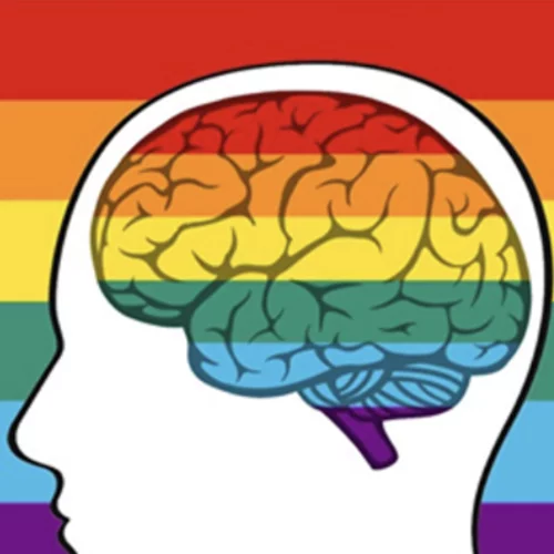 A brain with the rainbow flag in the background