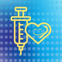image of yellow syringe and a heart against a blue background