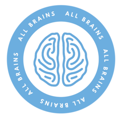 A blue graphic of a brain, within a blue circle